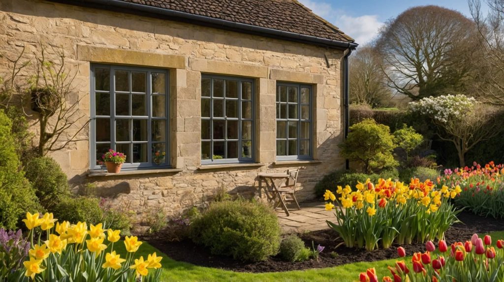 A traditional stone cottage with three large grey Timberlook windows, surrounded by a lush garden with blooming yellow and red tulips.
