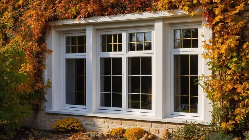A charming house with white Timberlook windows, framed by autumnal ivy and golden foliage, complementing the warm stone exterior.