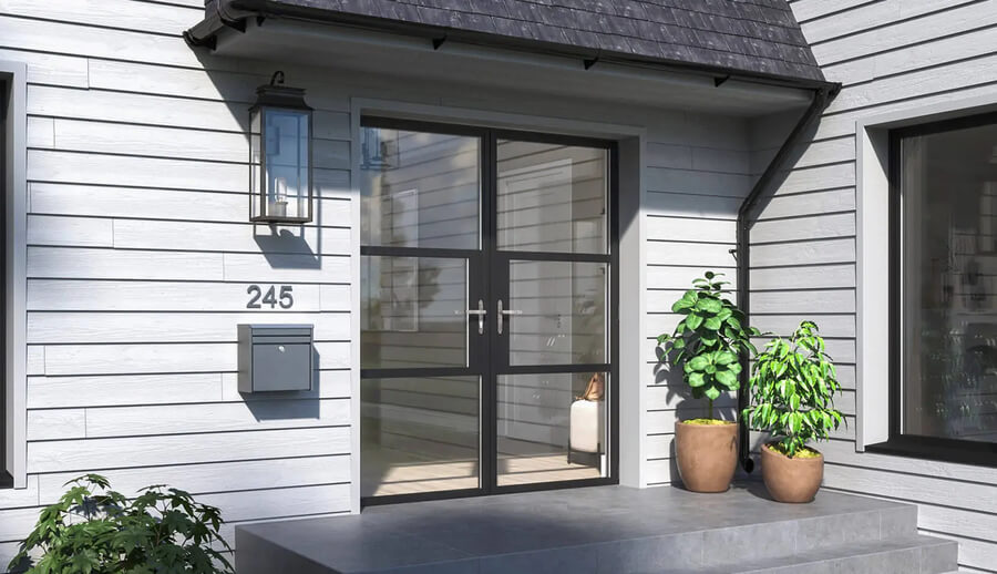 Are Heritage aluminium doors commonly used in conservation areas? 2 Modern black-framed double glass front doors with sleek handles, installed in a white horizontal-slat house.