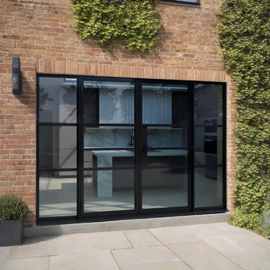 Are Heritage aluminium doors commonly used in conservation areas? 1 Four-panel black steel-framed glass doors set into a red brick wall with a decorative brick arch.